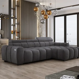 Hoekbank OMBO 285x168x77/97 cm, Rechterkant, Slaapfunctie, Elektrisch Uitschuifbaar Zitvlak, Verstelbare Hoofdsteunen, Grafiet SALVADOR-stof