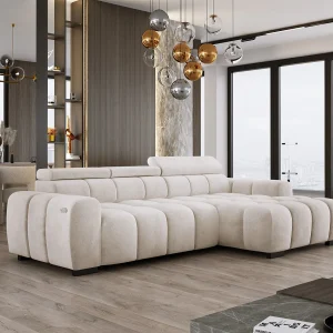 Hoekbank OMBO 285x168x77/97 cm, Rechterkant, Slaapfunctie, Elektrisch Uitschuifbaar Zitvlak, Verstelbare Hoofdsteunen, Witte SALVADOR-stof