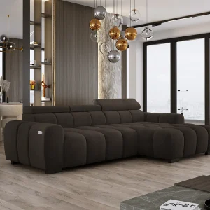 Hoekbank OMBO 285x168x77/97 cm, Rechterkant, Slaapfunctie, Elektrisch Uitschuifbaar Zitvlak, Verstelbare Hoofdsteunen, Grijze SALVADOR-stof