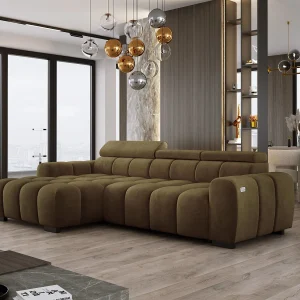 Hoekbank OMBO 285x168x77/97 cm, Linkerkant, Slaapfunctie, Elektrisch Uitschuifbaar Zitvlak, Verstelbare Hoofdsteunen, Essenhout SALVADOR-stof