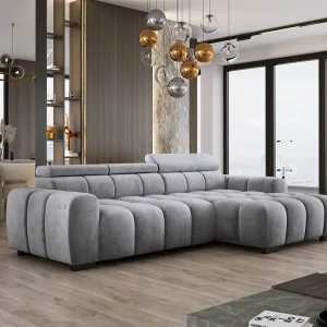 Hoekbank OMBO 285x168x77/97 cm, Rechterkant, Slaapfunctie, Elektrisch Uitschuifbaar Zitvlak, Verstelbare Hoofdsteunen, Zilveren SALVADOR-stof