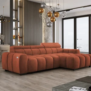 Hoekbank OMBO 285x168x77/97 cm, Rechterkant, Slaapfunctie, Elektrisch Uitschuifbaar Zitvlak, Verstelbare Hoofdsteunen, Olijfgroene SALVADOR-stof