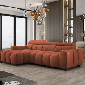 Hoekbank OMBO 285x168x77/97 cm, Linkerkant, Slaapfunctie, Elektrisch Uitschuifbaar Zitvlak, Verstelbare Hoofdsteunen, Donkerblauwe SALVADOR-stof