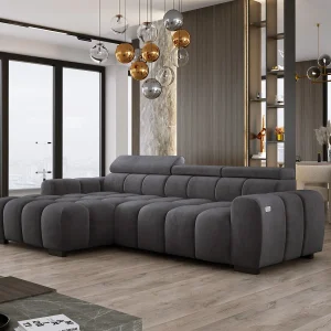 Hoekbank OMBO 285x168x77/97 cm, Linkerkant, Slaapfunctie, Elektrisch Uitschuifbaar Zitvlak, Verstelbare Hoofdsteunen, Zwarte SALVADOR-stof Hoekbank OMBO 285x168x77/97 cm, Linkerkant, Slaapfunctie, Elektrisch Uitschuifbaar Zitvlak, Verstelbare Hoofdsteunen, Zwarte SALVADOR-stof