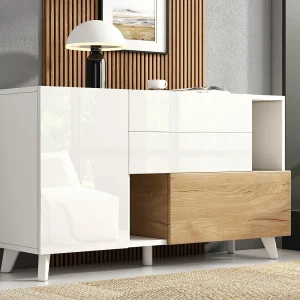 Glanzend buffet 130x40x70 cm – 2 deuren – 2 laden – met opbergvakken – wit Glanzend buffet 130x40x70 cm – 2 deuren – 2 laden – met opbergvakken – wit