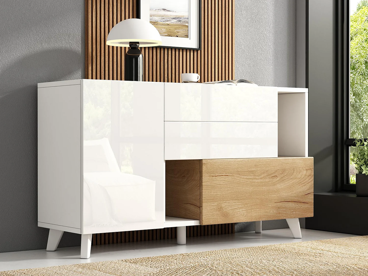 Glanzend buffet 130x40x70 cm - 2 deuren - 2 laden - met opbergvakken - wit