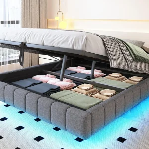 Gestoeld opbergbed 160×200 cm – zonder hoofdeinde – met LED-verlichting – linnen – grijs (matras niet inbegrepen) Gestoeld opbergbed 160×200 cm – zonder hoofdeinde – met LED-verlichting – linnen – grijs (matras niet inbegrepen)