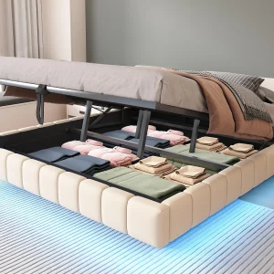 Gestoeld opbergbed 180×200 cm – zonder hoofdeinde – met LED-verlichting – linnen – beige (matras niet inbegrepen) Gestoeld opbergbed 180×200 cm – zonder hoofdeinde – met LED-verlichting – linnen – beige (matras niet inbegrepen)