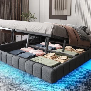 Gestoeld opbergbed 180×200 cm – zonder hoofdeinde – met LED-verlichting – linnen – grijs (matras niet inbegrepen) Gestoeld opbergbed 180×200 cm – zonder hoofdeinde – met LED-verlichting – linnen – grijs (matras niet inbegrepen)