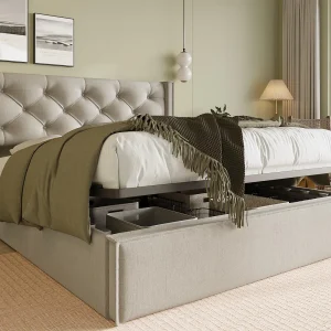 Gewatteerd opbergbed 140x200cm in katoenen stof – met lattenbodem – Lichtgrijs Gewatteerd opbergbed 140x200cm in katoenen stof – met lattenbodem – Lichtgrijs