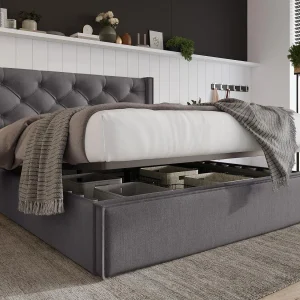 Gewatteerd opbergbed 140x200cm in katoenen stof – met lattenbodem – Grijs Gewatteerd opbergbed 140x200cm in katoenen stof – met lattenbodem – Grijs