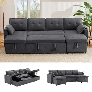 Hoekbank met 2 opbergboxen, kussen en drinkhouders – Katoen & linnen – 270×130×86 cm – Grijs