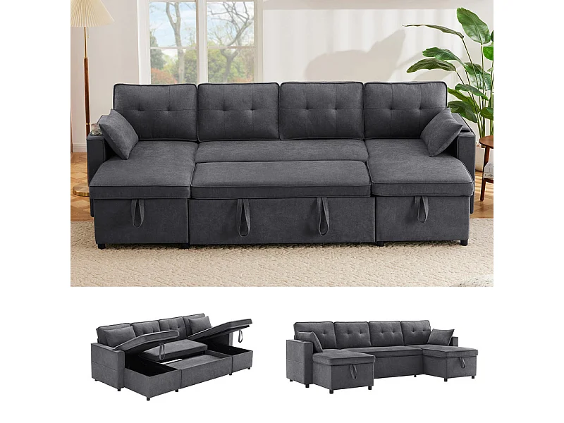 Hoekbank met 2 opbergboxen, kussen en drinkhouders - Katoen & linnen - 270×130×86 cm - Grijs