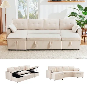 Hoekbank met 2 opbergboxen, kussen en drinkhouders – Katoen & linnen – 270×130×86 cm – Beige Hoekbank met 2 opbergboxen, kussen en drinkhouders – Katoen & linnen – 270×130×86 cm – Beige