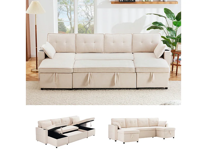 Hoekbank met 2 opbergboxen, kussen en drinkhouders - Katoen & linnen - 270×130×86 cm - Beige