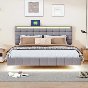 Gestoffeerd bed 140 x 200 cm, met ledverlichting en gestoffeerd zwevend frame, grijs, linnen Gestoffeerd bed 140 x 200 cm, met ledverlichting en gestoffeerd zwevend frame, grijs, linnen