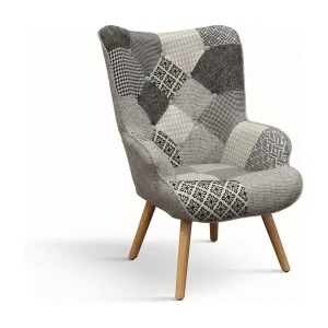 Grijze patchwork stoffen fauteuil met houten poten – HAVANA Grijze patchwork stoffen fauteuil met houten poten – HAVANA