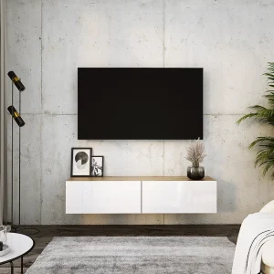 Hangend tv-meubel, 140 x 34 x 32 cm, Wotan eiken / glanzend wit
