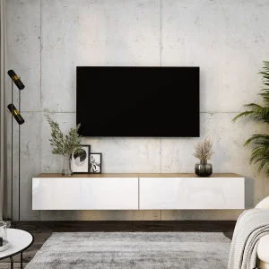 Hangend tv-meubel, (2 x 100) x 34 x 32 cm, Wotan eiken / glanzend wit