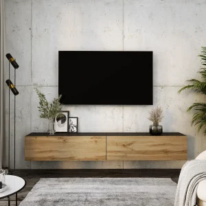 Hangend tv-meubel, (2 x 100) x 34 x 32 cm, matzwart / Wotan eiken
