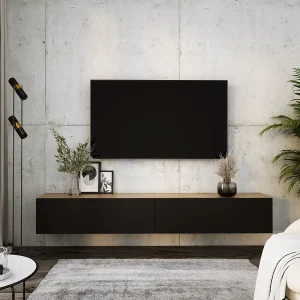 Hangend tv-meubel, (2 x 100) x 34 x 32 cm, Wotan eiken / mat zwart