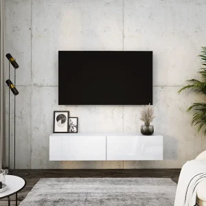 Hangend tv-meubel, 140 x 34 x 32 cm, wit / glanzend wit