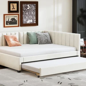 Gestoffeerde slaapbank 140×200 cm – met uitschuifbed 90x190cm – fluwelen stof – Beige Gestoffeerde slaapbank 140×200 cm – met uitschuifbed 90x190cm – fluwelen stof – Beige