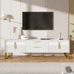 Glanzende tv-kast met 4 deuren en 2 lades, MDF-hout, gouden handgrepen en poten, moderne stijl, wit Glanzende tv-kast met 4 deuren en 2 lades, MDF-hout, gouden handgrepen en poten, moderne stijl, wit