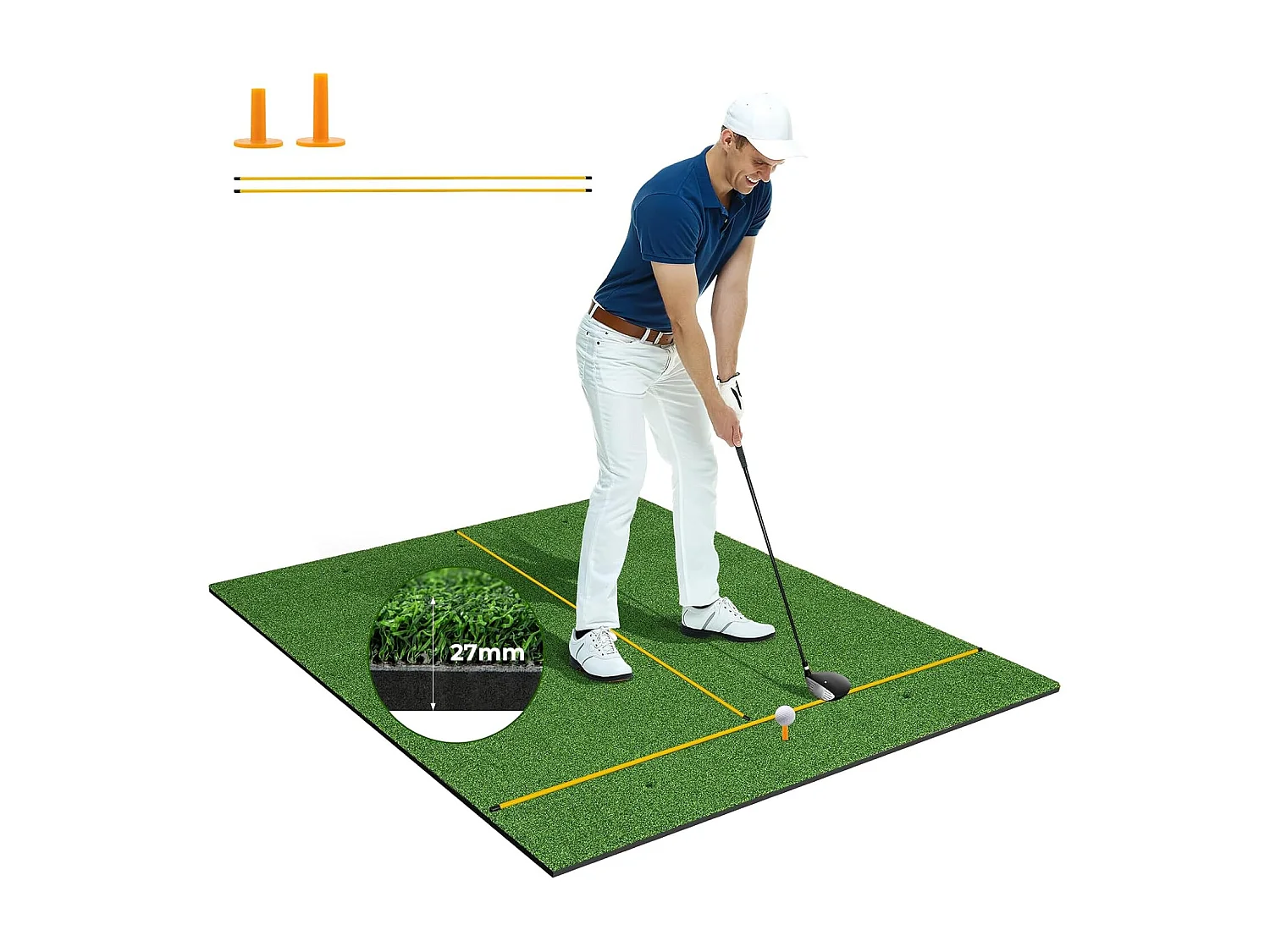 Golf afslagmat, golfoefenmat incl. 2 rubberen tees en 2 uitlijningsstaven, golfmat, voor binnen en buiten