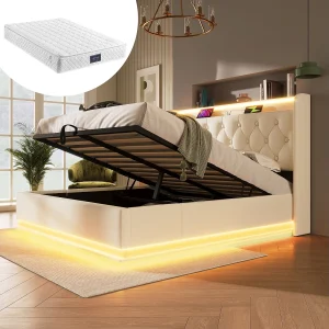 Gestoffeerd tweepersoonsbed met opbergruimte – 160 x 200 cm – Matras + Leds + Hoofdbord met USB – PU-leer – Wit Gestoffeerd tweepersoonsbed met opbergruimte – 160 x 200 cm – Matras + Leds + Hoofdbord met USB – PU-leer – Wit