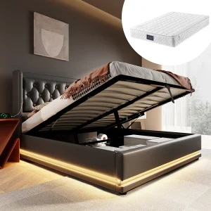 Gestoffeerd tweepersoonsbed met opbergruimte – 160 x 200 cm – Matras + Leds + Hoofdbord met USB – PU-leer – Zwart Gestoffeerd tweepersoonsbed met opbergruimte – 160 x 200 cm – Matras + Leds + Hoofdbord met USB – PU-leer – Zwart