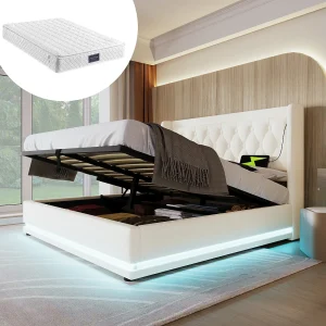 Gestoffeerd tweepersoonsbed met opbergruimte – 160 x 200 cm – Matras + Leds + Hoofdbord met USB – PU-leer – Wit Gestoffeerd tweepersoonsbed met opbergruimte – 160 x 200 cm – Matras + Leds + Hoofdbord met USB – PU-leer – Wit