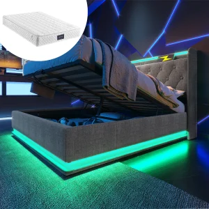Gestoffeerd tweepersoonsbed met opbergruimte – 160 x 200 cm – Matras + Leds + Hoofdbord met USB – Linnen stof – Grijs