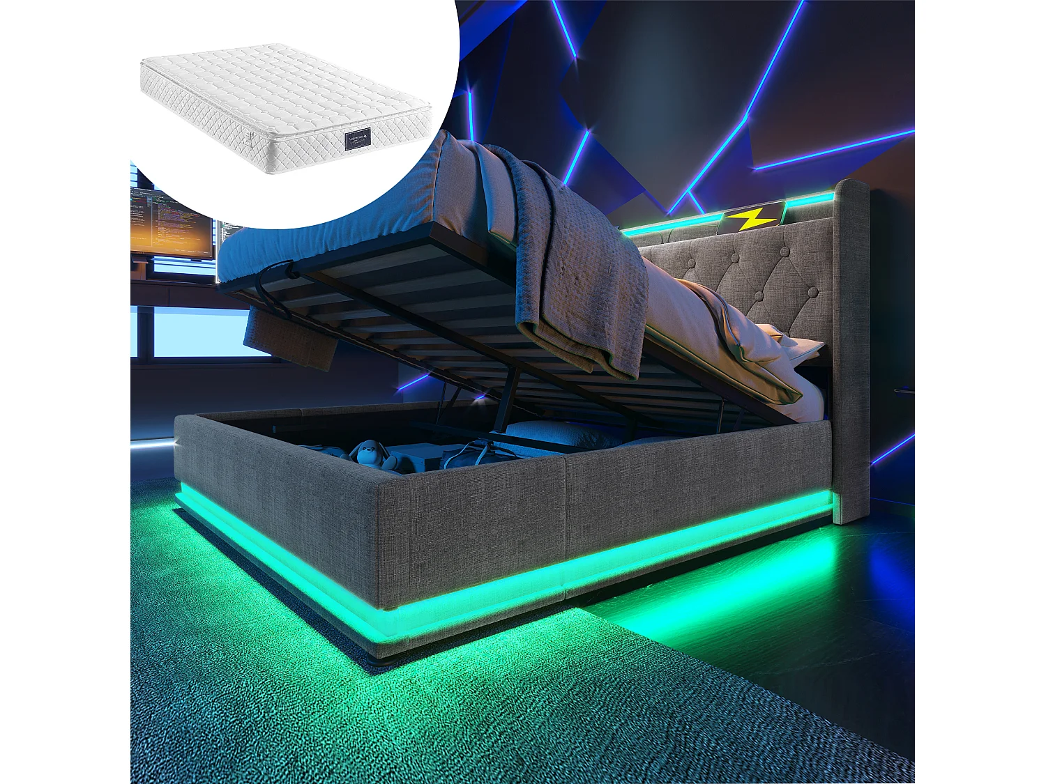 Gestoffeerd tweepersoonsbed met opbergruimte - 160 x 200 cm - Matras + Leds + Hoofdbord met USB - Linnen stof - Grijs