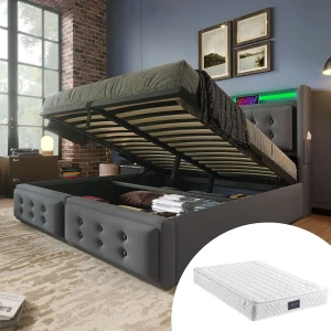 Gestoffeerd tweepersoonsbed met opbergruimte – 160 x 200 cm – Matras + Leds + Hoofdbord met USB – Massief hout en katoen – Grijs Gestoffeerd tweepersoonsbed met opbergruimte – 160 x 200 cm – Matras + Leds + Hoofdbord met USB – Massief hout en katoen – Grijs