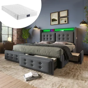 Gestoffeerd tweepersoonsbed met opbergruimte – 160 x 200 cm – Matras + Leds + 4 lades + Hoofdbord met USB – Katoenen stof – Grijs