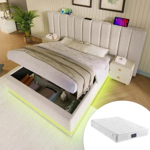 Gestoffeerd tweepersoonsbed met opbergruimte – 160 x 200 cm – hoofdeinde + matras – Leds + USB – Massief hout en linnen stof – Beige Gestoffeerd tweepersoonsbed met opbergruimte – 160 x 200 cm – hoofdeinde + matras – Leds + USB – Massief hout en linnen stof – Beige