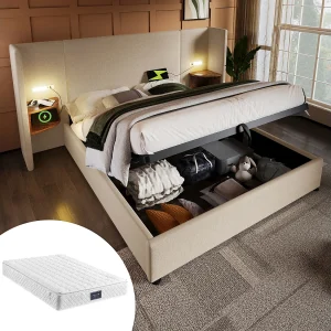 Gestoffeerd tweepersoonsbed met opbergruimte – 160 x 200 cm – Nachtkastje + matras – Massief hout en linnen stof – Beige Gestoffeerd tweepersoonsbed met opbergruimte – 160 x 200 cm – Nachtkastje + matras – Massief hout en linnen stof – Beige
