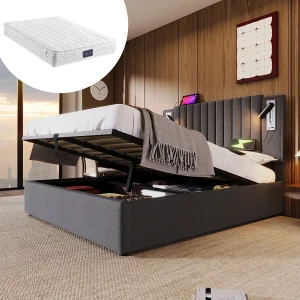 Gestoffeerd tweepersoonsbed met opbergruimte – 160 x 200 cm – Matras + Hoofdbord met USB – Katoenen stof – Grijs