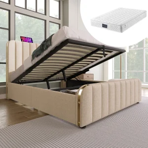 Gestoffeerd tweepersoonsbed met opbergruimte – 140 x 200 cm – Matras + Hoofdbord met USB – Linnen stof – Beige Gestoffeerd tweepersoonsbed met opbergruimte – 140 x 200 cm – Matras + Hoofdbord met USB – Linnen stof – Beige