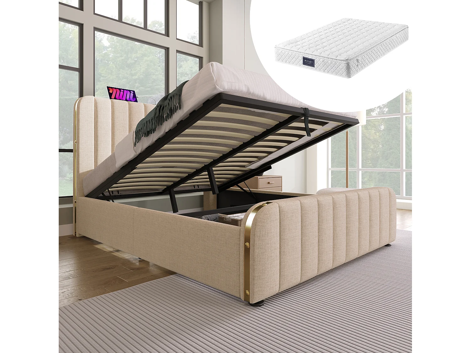 Gestoffeerd tweepersoonsbed met opbergruimte - 140 x 200 cm - Matras + Hoofdbord met USB - Linnen stof - Beige
