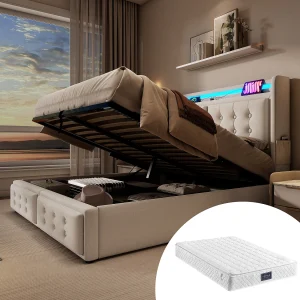 Gestoffeerd tweepersoonsbed met opbergruimte – 160 x 200 cm – Matras + Leds + Hoofdbord met USB – Massief hout en katoen – Beige Gestoffeerd tweepersoonsbed met opbergruimte – 160 x 200 cm – Matras + Leds + Hoofdbord met USB – Massief hout en katoen – Beige