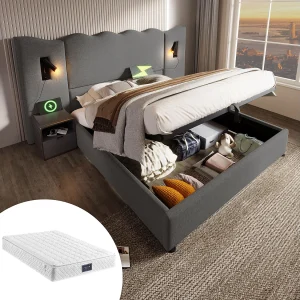 Gestoffeerd tweepersoonsbed met opbergruimte – 160 x 200 cm – hoofdeinde + matras – lamp en USB – massief hout en linnen stof – grijs Gestoffeerd tweepersoonsbed met opbergruimte – 160 x 200 cm – hoofdeinde + matras – lamp en USB – massief hout en linnen stof – grijs