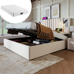 Gestoffeerd tweepersoonsbed met opbergruimte – 160 x 200 cm – Matras + Hoofdbord met USB – Katoenen stof – Beige
