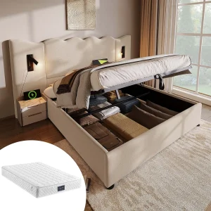 Gestoffeerd tweepersoonsbed met opbergruimte – 160 x 200 cm – hoofdeinde + matras – lamp en USB – massief hout en linnen stof – beige Gestoffeerd tweepersoonsbed met opbergruimte – 160 x 200 cm – hoofdeinde + matras – lamp en USB – massief hout en linnen stof – beige
