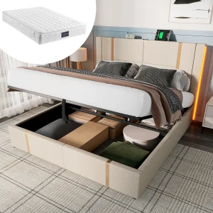 Gestoffeerd tweepersoonsbed met opbergruimte – 160 x 200 cm – Matras + Leds + Hoofdbord met USB – Linnen stof – Beige