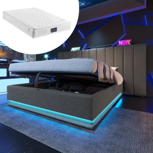 Gestoffeerd tweepersoonsbed met opbergruimte – 160 x 200 cm – hoofdeinde + matras – Leds + USB – Massief hout en linnen stof – Grijs Gestoffeerd tweepersoonsbed met opbergruimte – 160 x 200 cm – hoofdeinde + matras – Leds + USB – Massief hout en linnen stof – Grijs