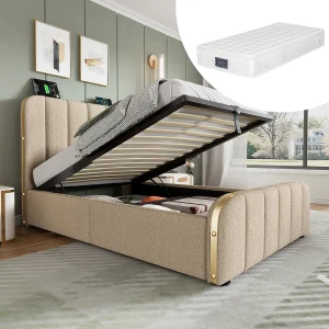 Gestoffeerd opbergbed voor kinderen – 90 x 200 cm – hoofdeinde + matras – massief hout + linnen stof – beige Gestoffeerd opbergbed voor kinderen – 90 x 200 cm – hoofdeinde + matras – massief hout + linnen stof – beige