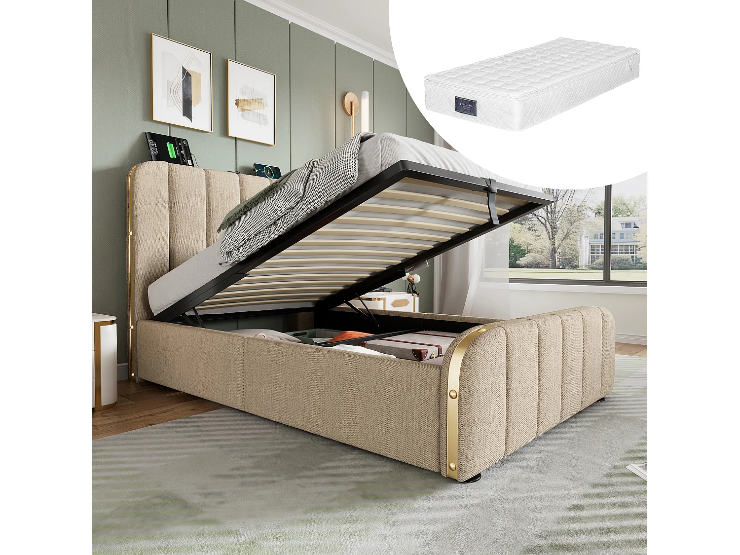Gestoffeerd opbergbed voor kinderen - 90 x 200 cm - hoofdeinde + matras - massief hout + linnen stof - beige