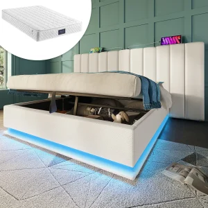 Gestoffeerd tweepersoonsbed met opbergruimte – 160 x 200 cm – hoofdeinde + matras – Leds + USB – Massief hout en PU-leer – Wit Gestoffeerd tweepersoonsbed met opbergruimte – 160 x 200 cm – hoofdeinde + matras – Leds + USB – Massief hout en PU-leer – Wit
